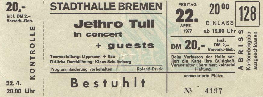 Jethro Tull 1977 Bremen - Tourneeleitung: Lippmann + Rau
